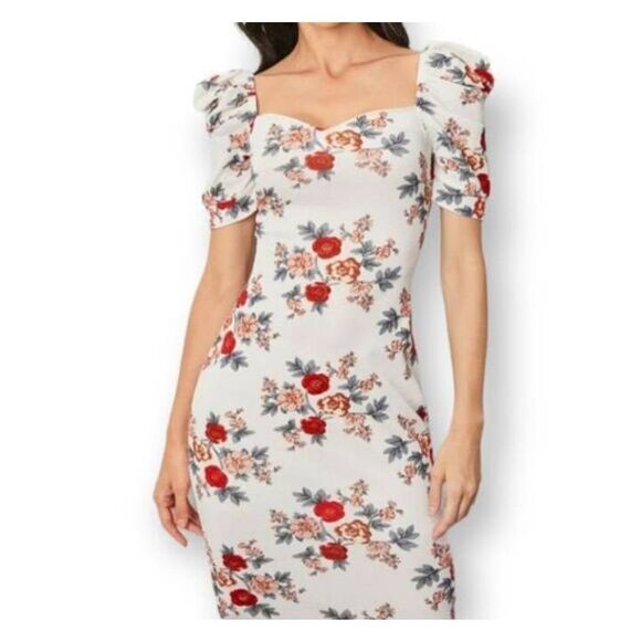 SHEIN RED & WHITE PUFF SLEEVE SLIT BACK FLORAL DRESS SZ.M EUC. - Picture 5 of 13